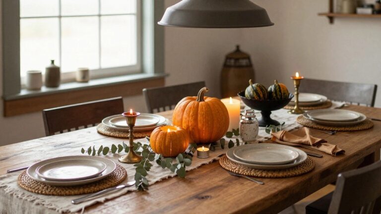 Rustic wooden dining table set with white plates on woven placemats, a row of lit orange pumpkins, brass candlesticks, eucalyptus leaves, and a beige linen runner, viewed from one end in a light-filled room with wooden chairs.