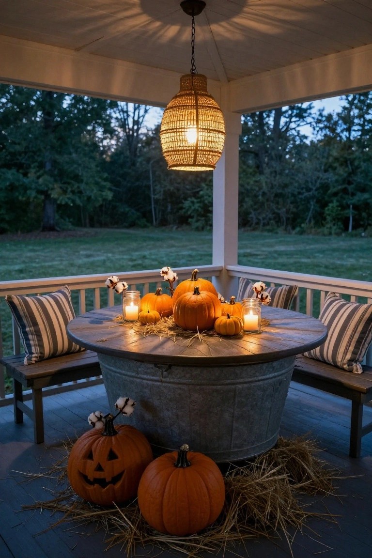 A covered wooden porch at dusk with a round wooden table top on a galvanized metal tub base holding Halloween centerpiece of pumpkins, candles in jars, cotton bolls, and hay, flanked by striped cushions on benches, larger pumpkins and hay bales around the base, trees and field in background.