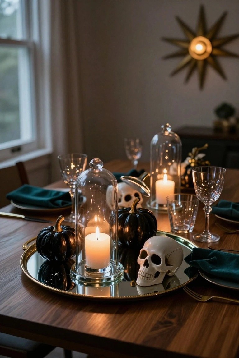 Wooden dining table with Halloween centerpiece on gold mirrored tray including black pumpkins and candle under glass cloche, white plastic skulls, emerald green napkins, wine glasses, and additional candles.