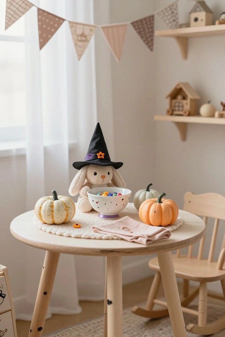Small wooden kids' table with a plush white bunny in black witch hat holding a white bowl of colorful round candies, surrounded by mini white-striped and orange pumpkins on a knitted placemat, in a beige room with bunting and sheer curtains.