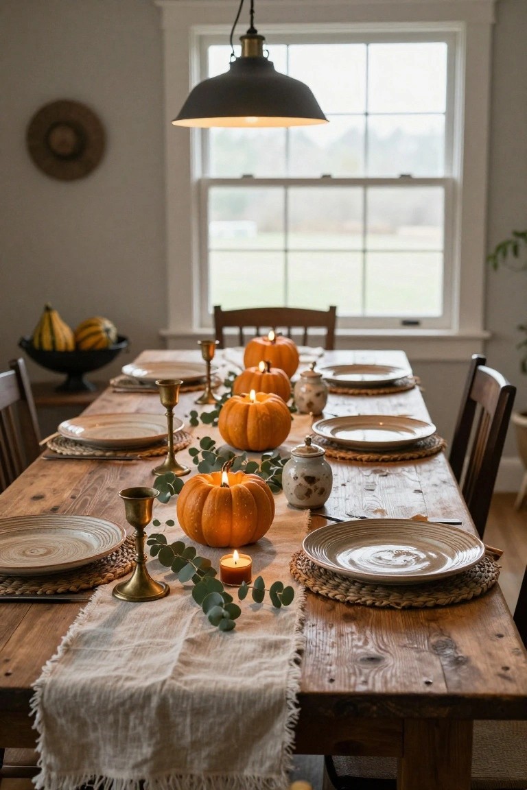 Rustic wooden dining table set with white plates on woven placemats, a row of lit orange pumpkins, brass candlesticks, eucalyptus leaves, and a beige linen runner, viewed from one end in a light-filled room with wooden chairs.