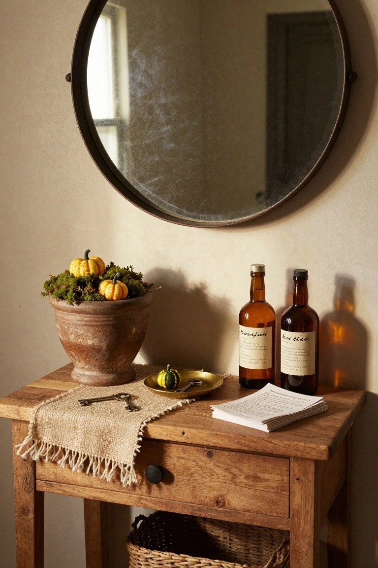 Rustic wooden console table with a burlap runner holding brass keys, a small dish with a mini pumpkin, stacked papers, and a terracotta pot of moss-covered mini orange pumpkins, flanked by two amber glass apothecary bottles labeled Greenford and Kiss Kiss, under a round metal mirror and next to a wicker basket.