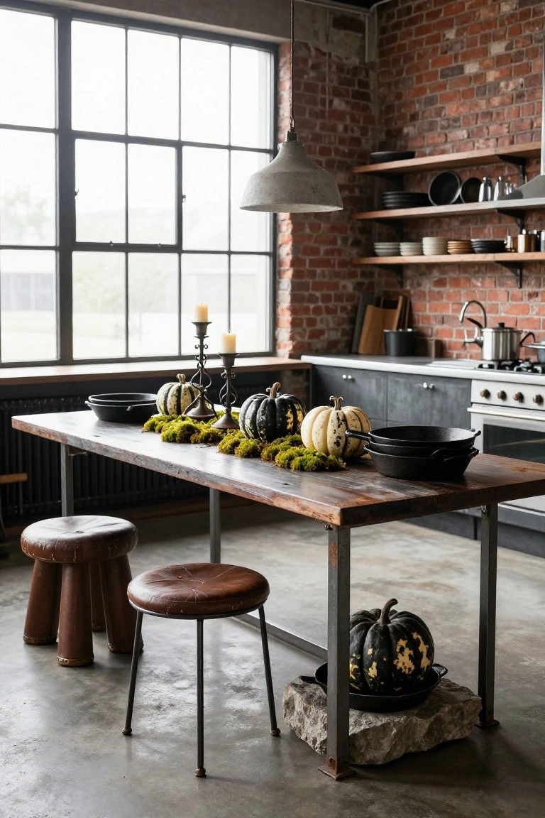 Industrial kitchen with exposed brick walls and large metal-framed windows, showing a long wooden table with a centerpiece of moss, pumpkins, black iron candelabras, and black pots.