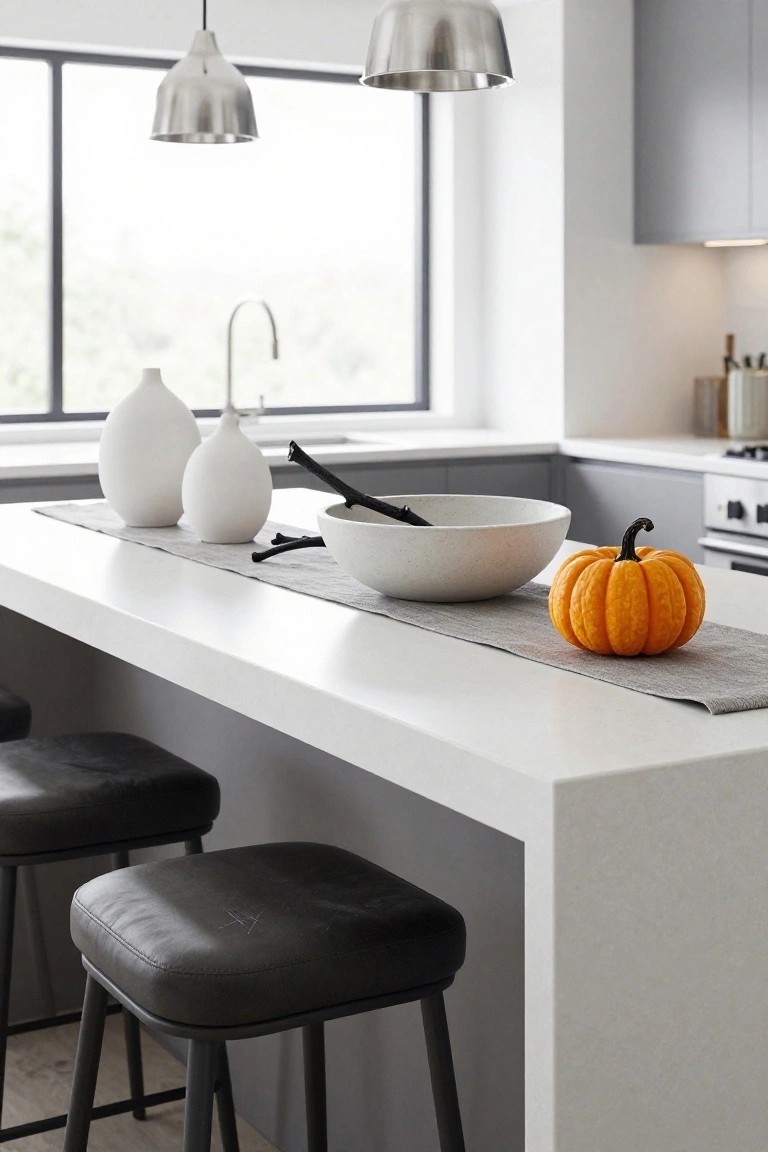Modern kitchen island with white bowl, orange pumpkin, and black stools.
