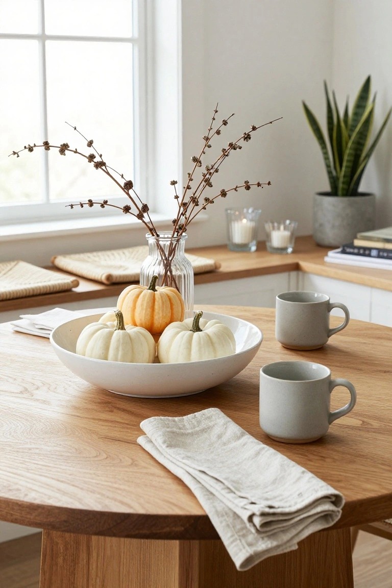 Round oak dining table with large white bowl of small orange and white pumpkins in center, two gray ceramic mugs, folded linen napkins, vase of dried branches, candles, and snake plant in background.