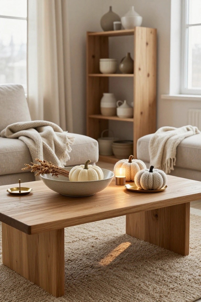 Wooden coffee table in a beige living room holds a centerpiece with a large white pumpkin in a white bowl with wheat stalks, smaller knit white pumpkins on a gold plate, a lit glass candle, and a gold incense holder, surrounded by sofas and shelves.