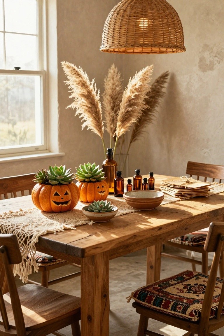 Wooden dining table centered with two carved orange pumpkins planted with succulents, flanked by glass bottles, a ceramic bowl, and stacked papers on a crocheted runner, pampas grass against beige walls, rattan pendant light overhead.