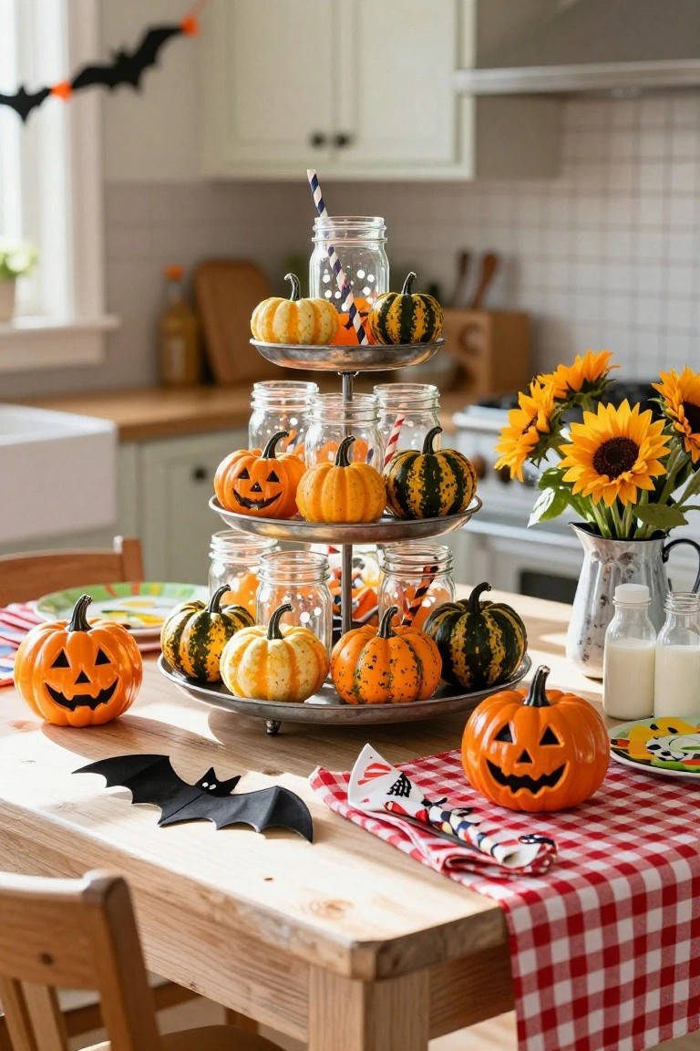 Kitchen table with a three-tiered metal stand displaying small carved and decorative pumpkins, mason jars with striped straws, sunflowers in a pitcher, and paper plates on a red checkered tablecloth, with Halloween bat cutouts nearby.