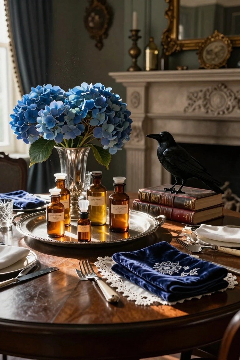 Close-up of a round wooden dining table with a silver tray holding several amber apothecary bottles, a vase of blue hydrangeas, stacked leather books with a black raven statue on top, set near a stone fireplace in a room with green walls and gold mirror.