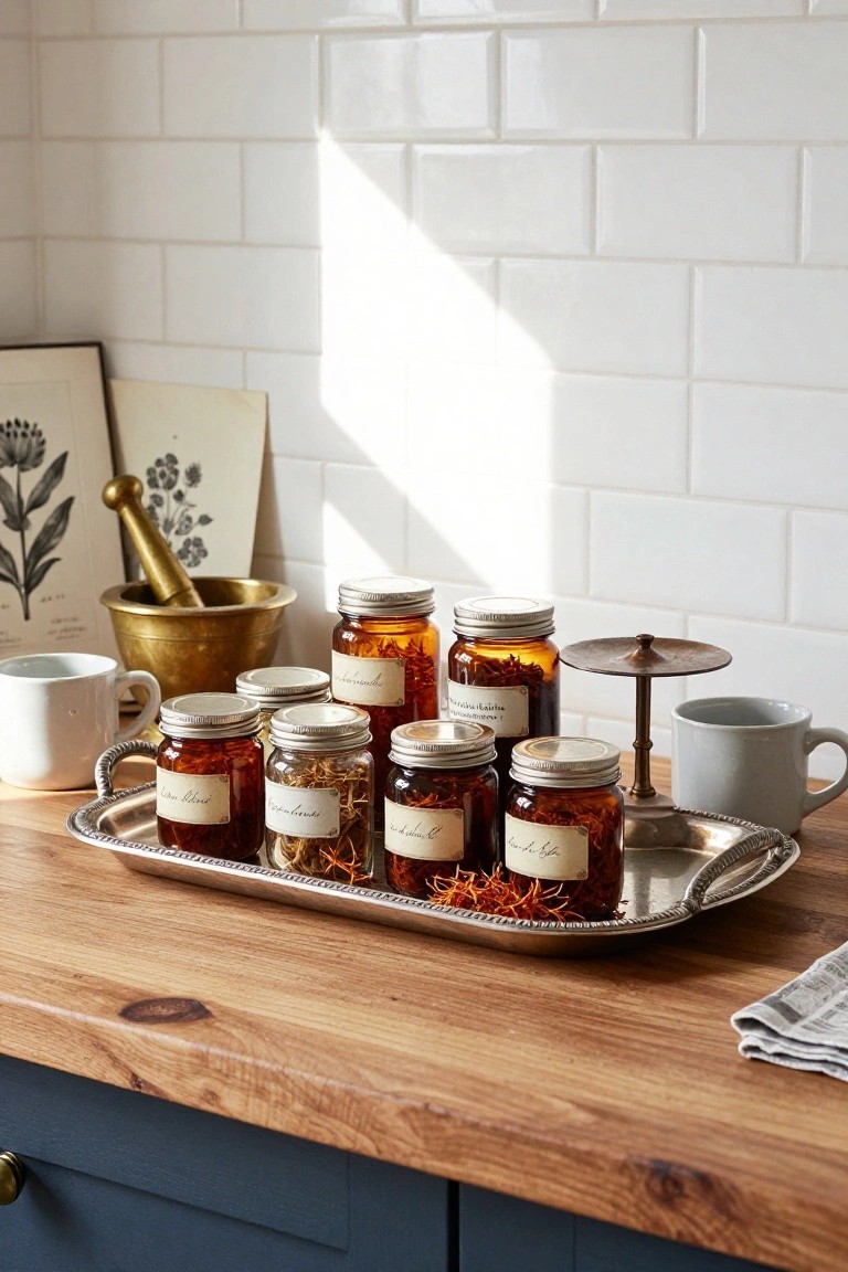 Several amber and clear glass jars filled with dried herbs and spices arranged on a silver tray on a wooden kitchen counter, next to a brass mortar and pestle, white subway tile backsplash, and framed botanical prints.