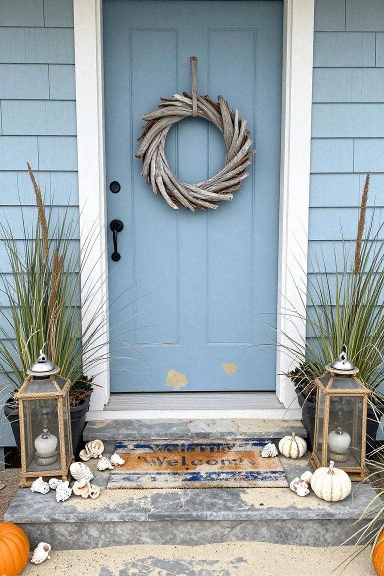 Blue front door of a shingled house decorated with a driftwood wreath, flanked by potted sea grass in lanterns, white pumpkins, shells, and a welcome mat on stone steps.