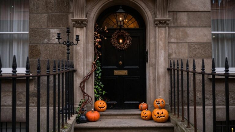 Stone townhouse entrance with black front door, arched window above, gas lantern light, wrought iron lamp post and railing, carved pumpkins on steps, and twisted vines with dried roses draped along the architecture.