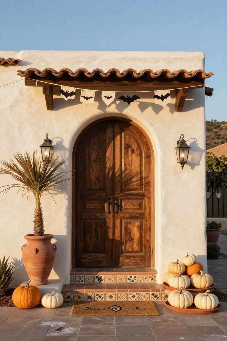 Arched wooden door on white stucco house entrance decorated for Halloween with bat garland, white and orange pumpkins on steps and platters, potted palm tree, lanterns, and welcome mat.