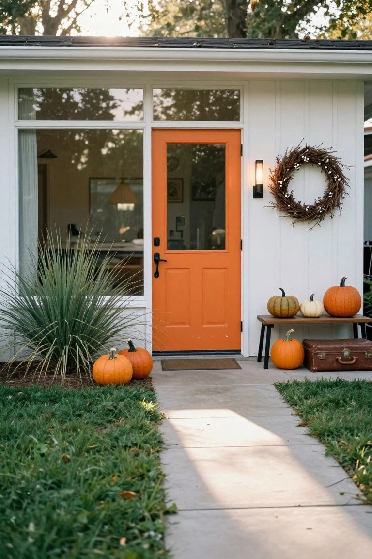 White-sided house exterior featuring a bright orange front door with glass panels, pumpkins in various sizes on a wooden bench and in front landscaping, a wreath on the wall light, and a concrete walkway.