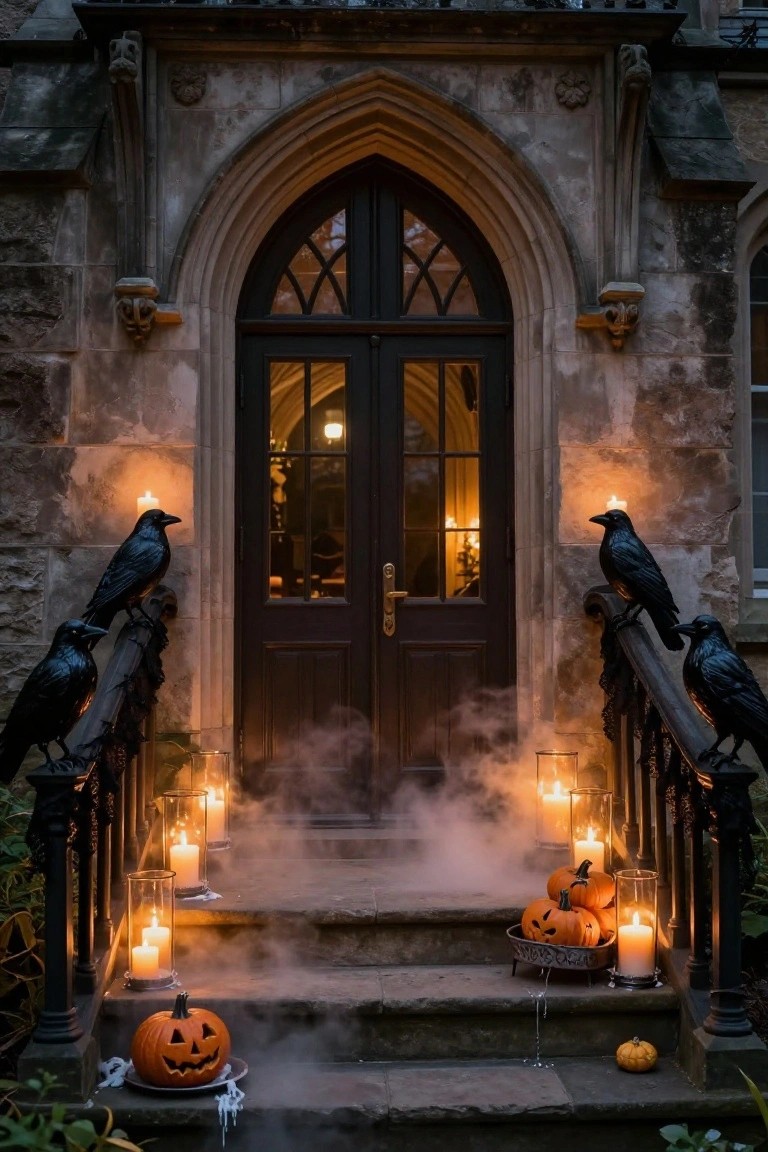 Gothic stone house entrance with arched black door, flanked by ravens on railings, fog drifting from steps lined with candles in glass holders, jack-o-lanterns, and small pumpkins.