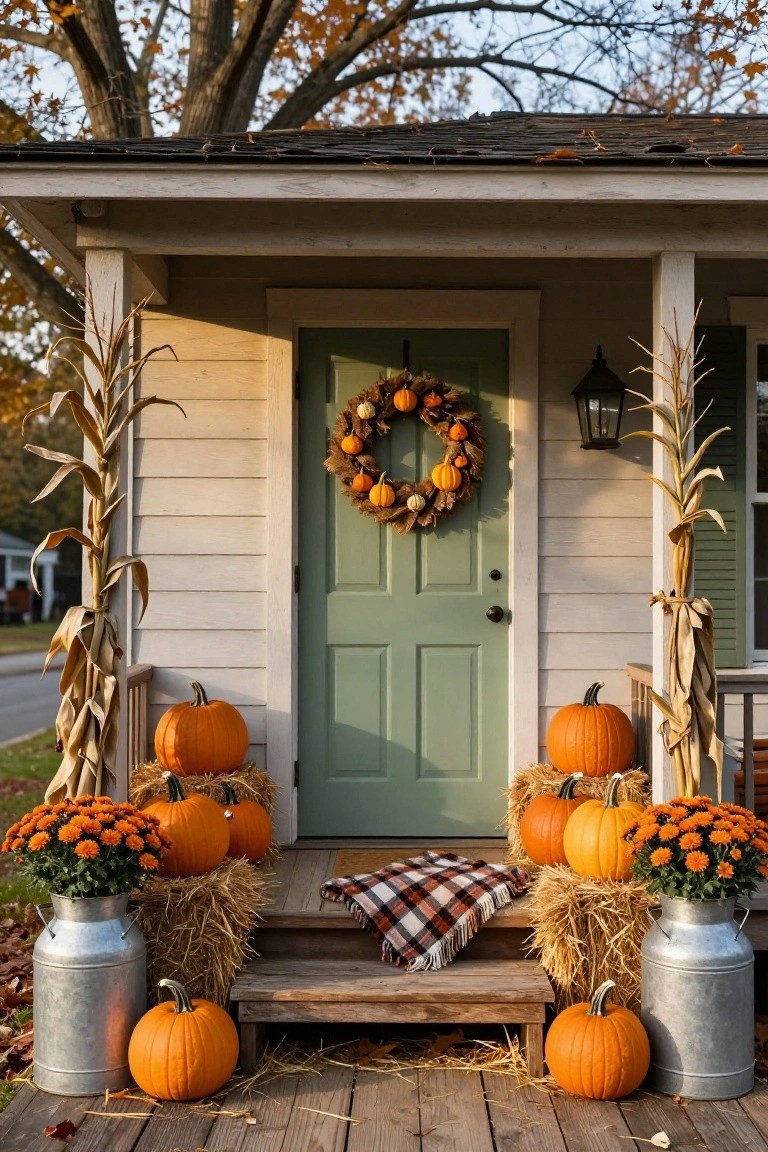 White clapboard house porch with sage green door centered, flanked by cornstalks on posts, hay bales stacked on wooden steps topped with orange pumpkins, galvanized milk cans holding mum flowers nearby, fall wreath on door, autumn setting.