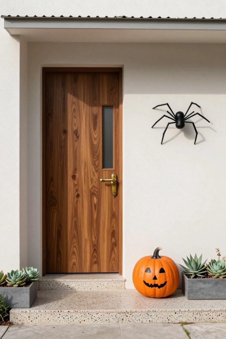Wooden front door with glass panel on white exterior wall, decorated with black plastic spider on wall above door, carved orange jack-o'-lantern pumpkin on concrete steps, and potted succulents nearby.