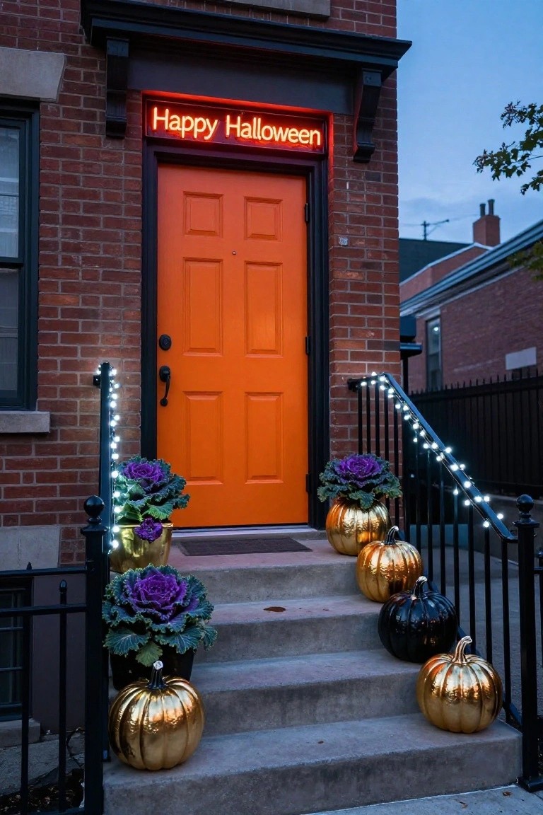 Brick rowhouse exterior at dusk featuring an orange front door with a neon orange "Happy Halloween" sign above it, metallic gold and black pumpkins on concrete steps flanked by purple kale plants in pots, and white string lights along black metal railings.