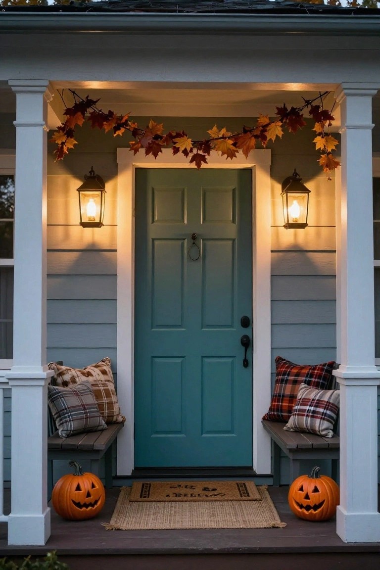 Front porch of light blue house with teal door centered between white columns, lit hanging lanterns on each side, orange fall leaf garland across porch front, plaid pillows on wooden benches flanking door, two jack-o-lanterns on steps, and welcome mat.