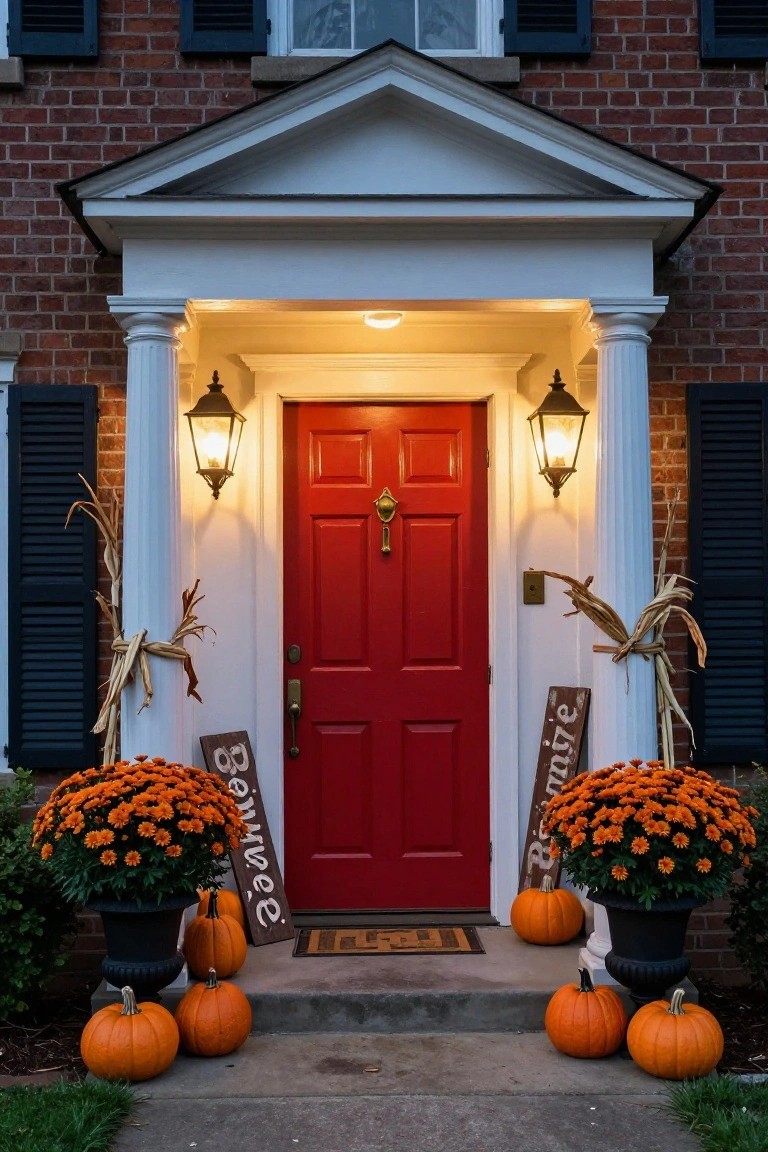 Brick house facade with white columns and pediment over a lit red front door, flanked by cornstalks, wooden "Welcome" signs, large black pots of orange mums, and clusters of pumpkins on the steps at dusk.