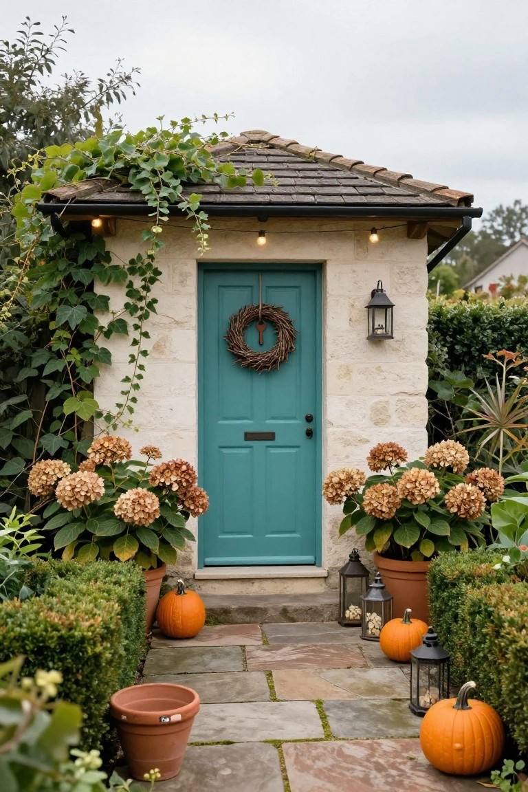 Small stone outbuilding with turquoise double door, flanked by potted dried hydrangeas and pumpkins, ivy climbing walls, string lights under eaves, lanterns, wreath on door, and stone path in front.