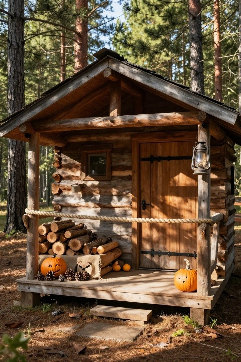 Small log cabin on a porch with stacked firewood topped by carved jack-o-lanterns, pinecones, small pumpkins, a burlap sack, and a hanging metal lantern, set among pine trees.