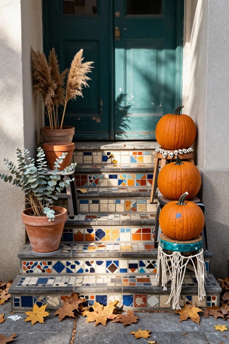 Teal front door with colorful tiled steps holding progressively stacked orange pumpkins decorated with skull bead necklaces, flanked by potted plants with pampas grass and eucalyptus, scattered fall leaves on the ground.