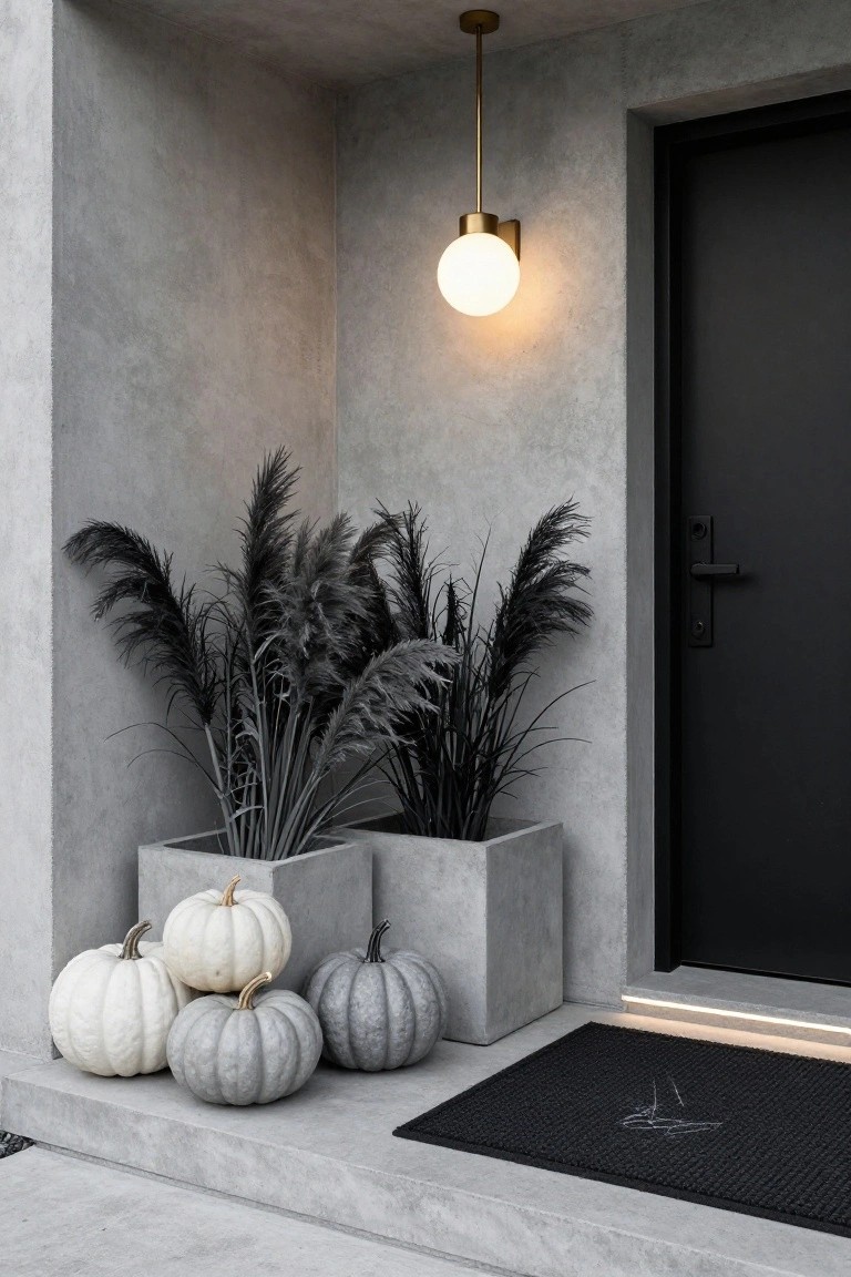Gray concrete house entrance featuring a black front door, gold pendant light with white globe, two concrete pots of dark pampas grass, white and gray pumpkins on the step, and black doormat.