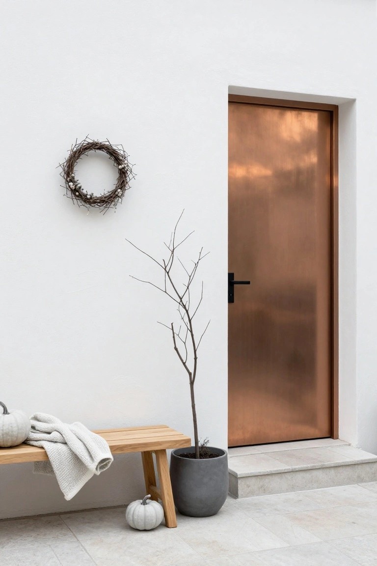 Copper front door on a white exterior wall with a twig wreath hanging beside it, a wooden bench holding white pumpkins and a folded white blanket, a gray potted tree branch nearby, and a small white pumpkin on stone steps.