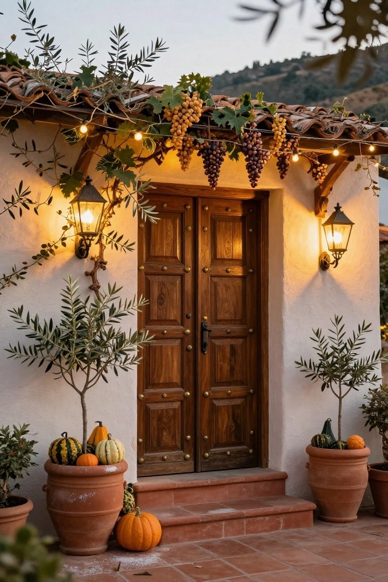 Wooden double doors on a white stucco house entrance flanked by large terracotta pots filled with orange pumpkins, striped gourds, and small pumpkins, olive trees in pots, grape clusters and vines overhead with string lights and lanterns at dusk.