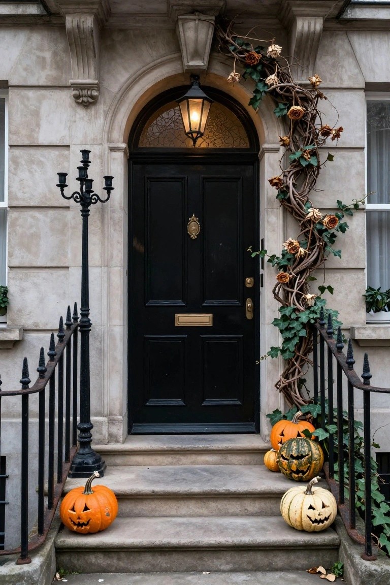 Stone townhouse entrance with black front door, arched window above, gas lantern light, wrought iron lamp post and railing, carved pumpkins on steps, and twisted vines with dried roses draped along the architecture.