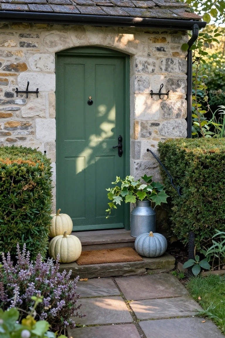 Green wooden door in stone cottage entrance with pumpkins and plants.