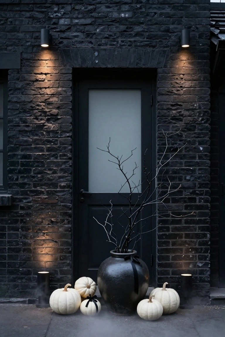 Dark brick house entrance with black double door, frosted glass panels, black wall sconces emitting warm light, large black urn holding bare branches, several white pumpkins on the ground nearby, cylindrical black lights, and low ground fog.