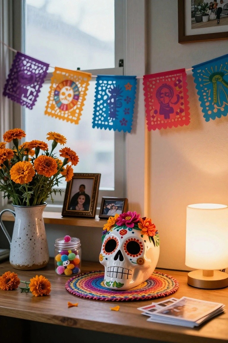 A wooden desk holding a white sugar skull with floral decorations, a vase of orange marigold flowers, jars of colorful candy, framed family photos, and scattered petals, with papel picado banners hanging near a window.