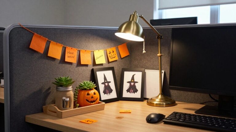 18 Halloween Office Cubicle Decor Ideas That Keep It Festive at Work Office cubicle with wooden desk holding black monitor, keyboard, brass gooseneck lamp with tied sticky notes, small carved orange pumpkin planter containing green succulent and trailing plant, mason jar candle holder beside mini pumpkin, framed black witch silhouette artwork, wooden tray with yellow notepads and orange pumpkin notepad, and Halloween notes on gray fabric wall.