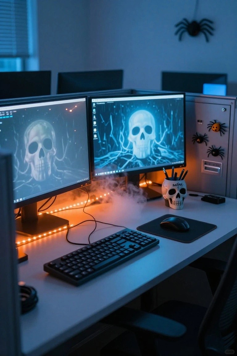 Dimly lit office cubicle desk with two monitors displaying glowing blue skull images, orange LED strip lights under the monitors and desk, skull mug holding pencils with fog rising from it, keyboard, mouse, and Halloween spider decorations on a filing cabinet.