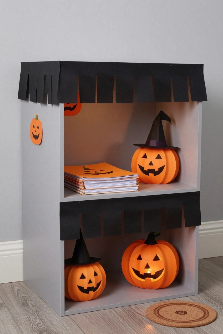 Gray shelving unit decorated as a haunted house with black fringed paper roof, orange paper jack-o-lanterns, witch hats, stacked notebooks on shelves, and a small round cork rug on the floor.