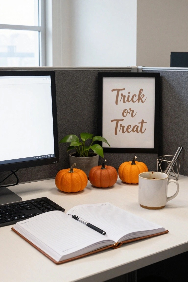 Office cubicle desk setup featuring a computer monitor, keyboard, open notebook with pen, three small pumpkins, potted plant, framed