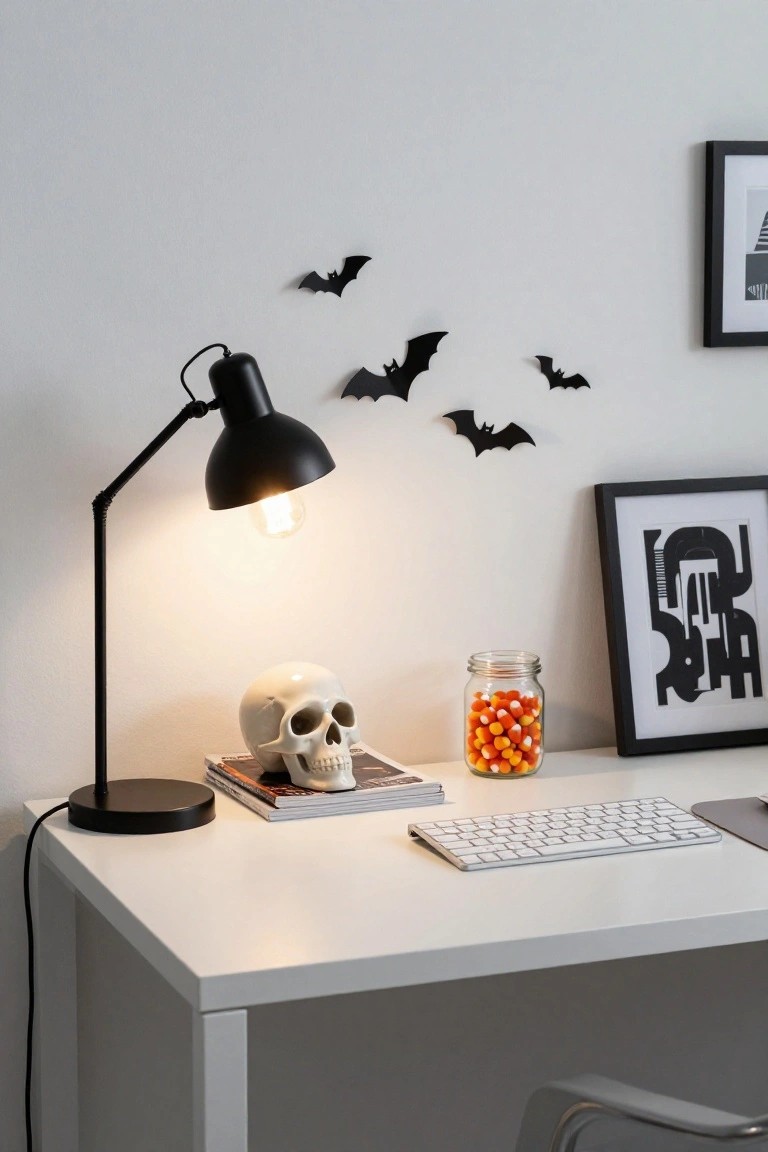 White desk setup with black adjustable lamp lit up, white keyboard and mouse pad, stack of magazines topped with white ceramic skull, mason jar filled with orange and white candy corn, black bat cutouts on white wall, black-framed abstract Halloween art, and small skull prop nearby.