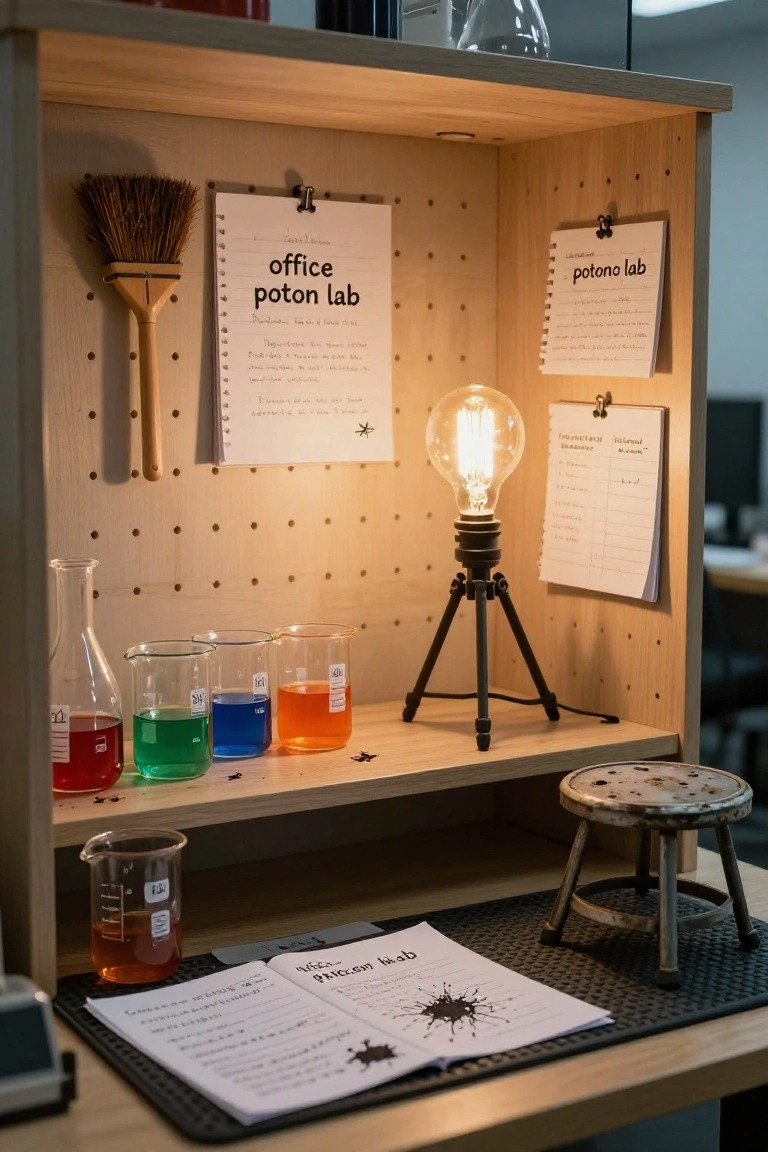 Wooden pegboard office shelf decorated as a Halloween potion lab with glass beakers containing red, green, blue, and orange liquids, handwritten notes labeled