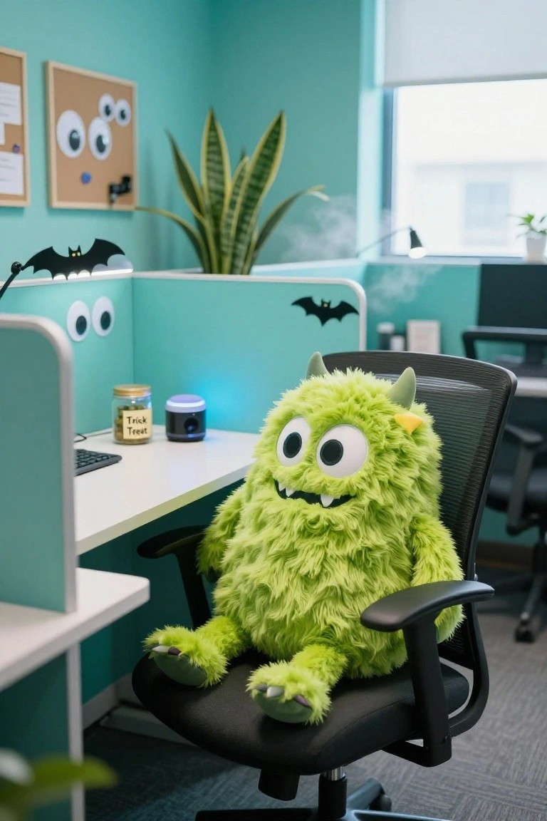 Green shaggy plush monster with horns, big googly eyes, fangs, and yellow accents seated in a black mesh office chair at a white desk in a teal cubicle with googly eyes on walls, bat decorations, plants, and a labeled trick-or-treat jar.