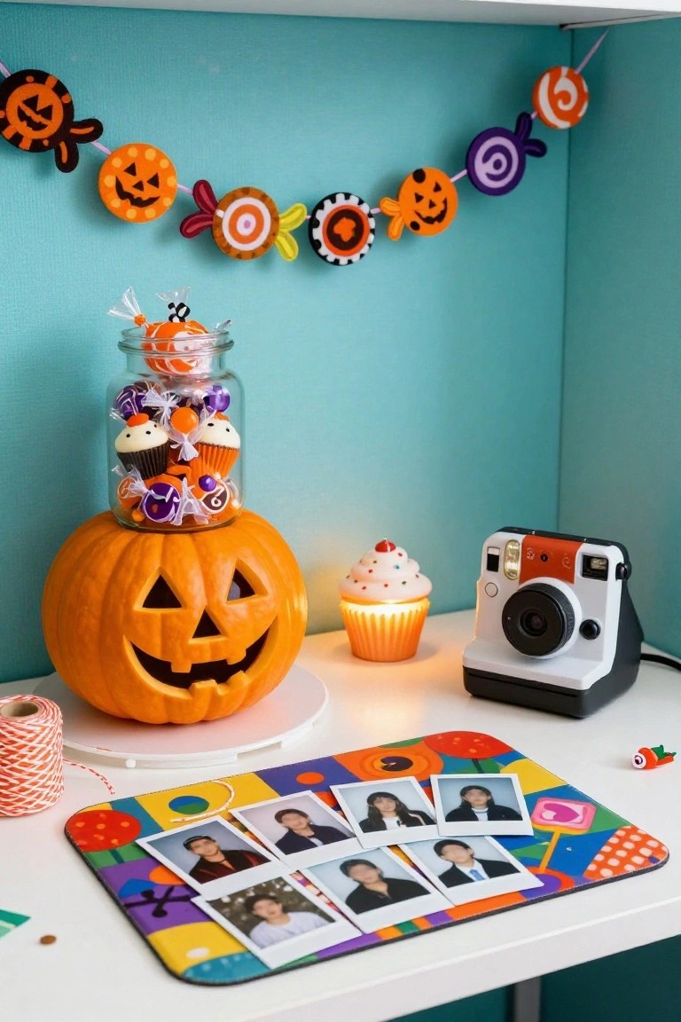 Teal-walled corner with Halloween decorations including orange garland, glass jar of candies and cupcakes on carved pumpkin, battery-lit cupcake, Instax camera, and arranged Polaroid photos on colorful mat on white desk.