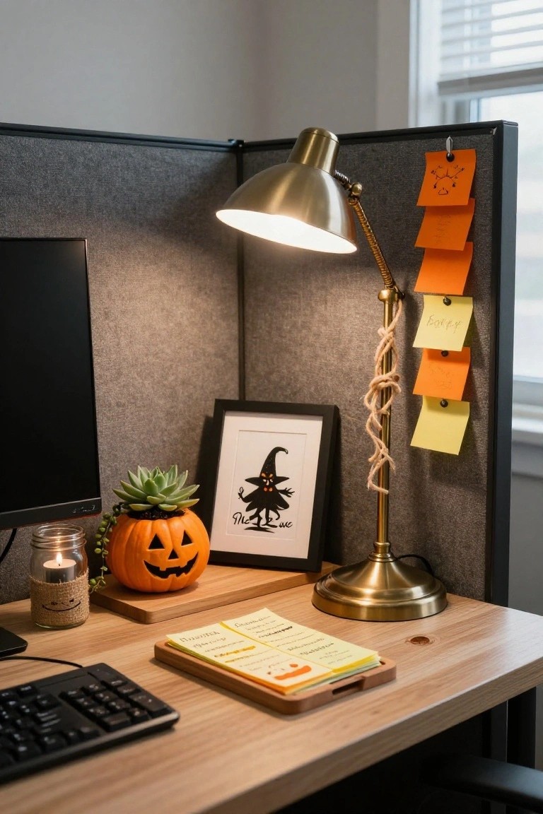 Office cubicle with wooden desk holding black monitor, keyboard, brass gooseneck lamp with tied sticky notes, small carved orange pumpkin planter containing green succulent and trailing plant, mason jar candle holder beside mini pumpkin, framed black witch silhouette artwork, wooden tray with yellow notepads and orange pumpkin notepad, and Halloween notes on gray fabric wall.