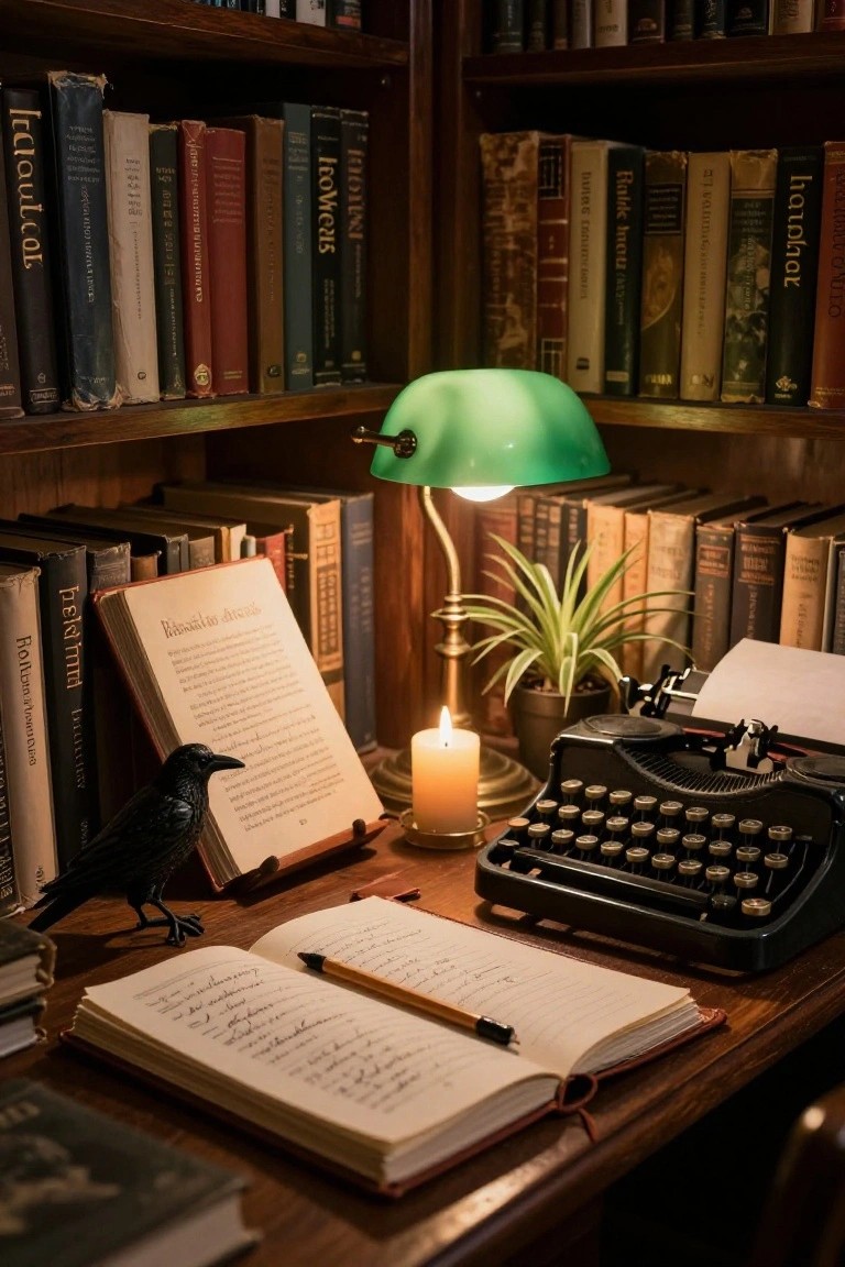 Wooden desk in a dark wood-paneled library with bookshelves, green banker's lamp, black raven statue, open book on stand, burning candle, vintage typewriter, open notebook with pencil, and potted plant.