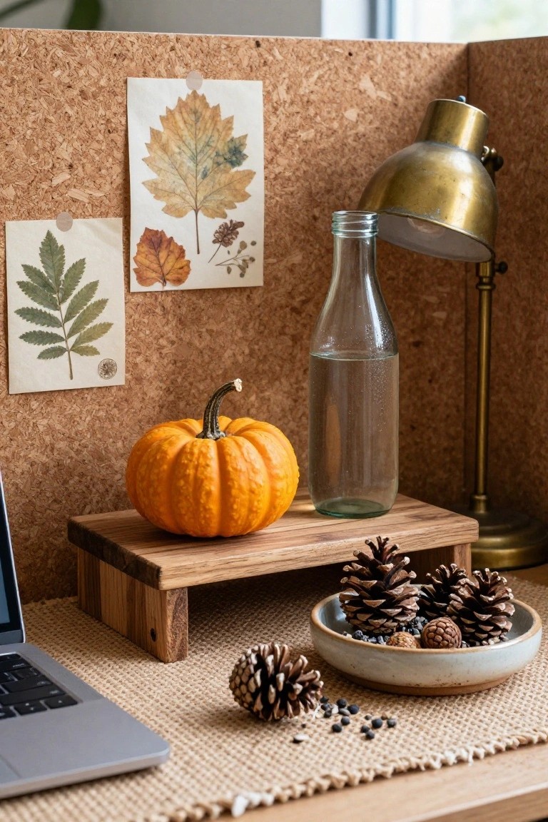 Office cubicle corner with corkboard displaying pressed autumn leaves, wooden riser holding an orange pumpkin and glass water bottle, brass desk lamp, laptop on woven mat, and bowl of pinecones on wooden desk.