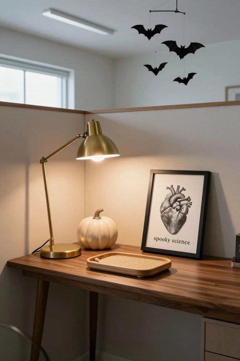 Office cubicle corner with wooden desk, gold desk lamp, white pumpkin, black-framed anatomical heart poster labeled