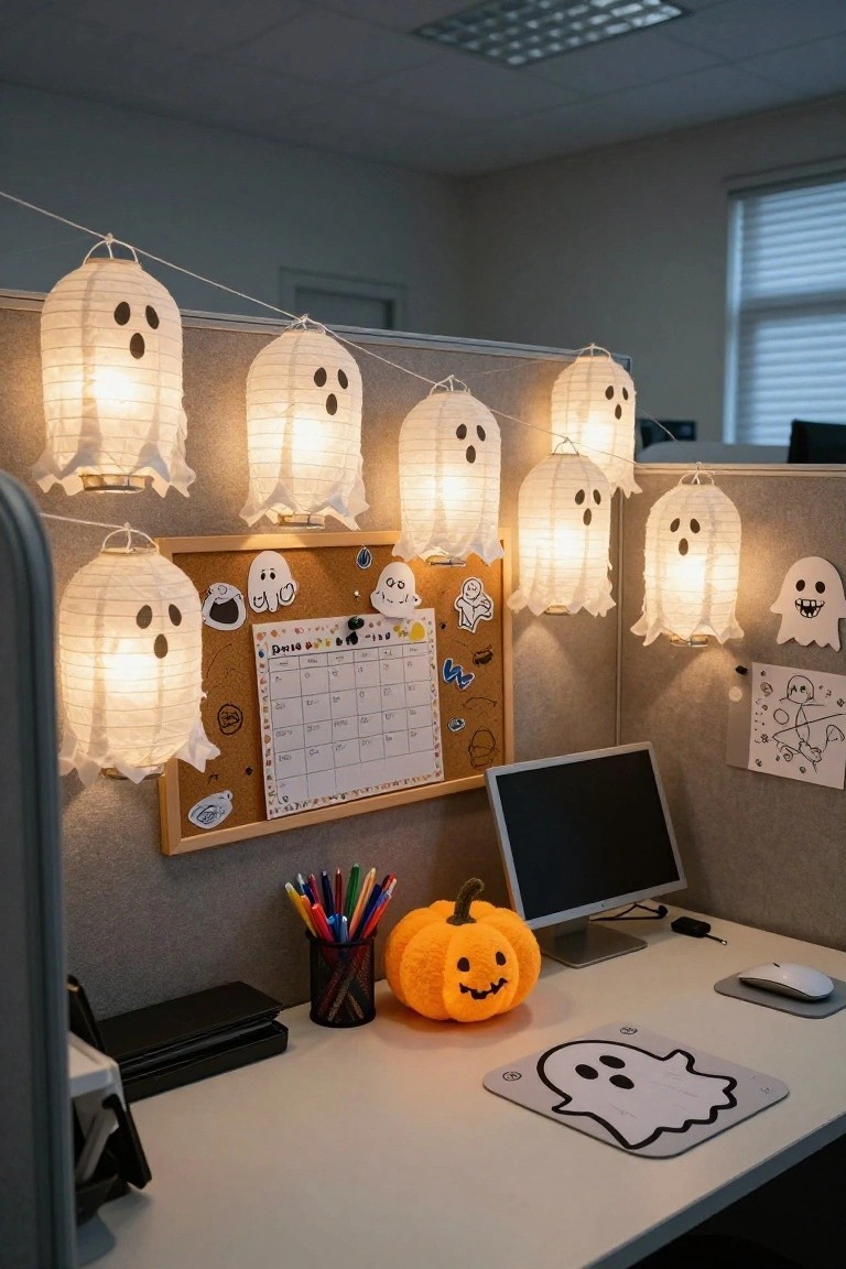 Office cubicle decorated with a string of white paper ghost lanterns hanging across the top, glowing softly, next to a corkboard calendar with ghost cutouts, a smiling orange pumpkin plush on the desk, colorful pens in a holder, computer monitor, and ghost mouse pad.