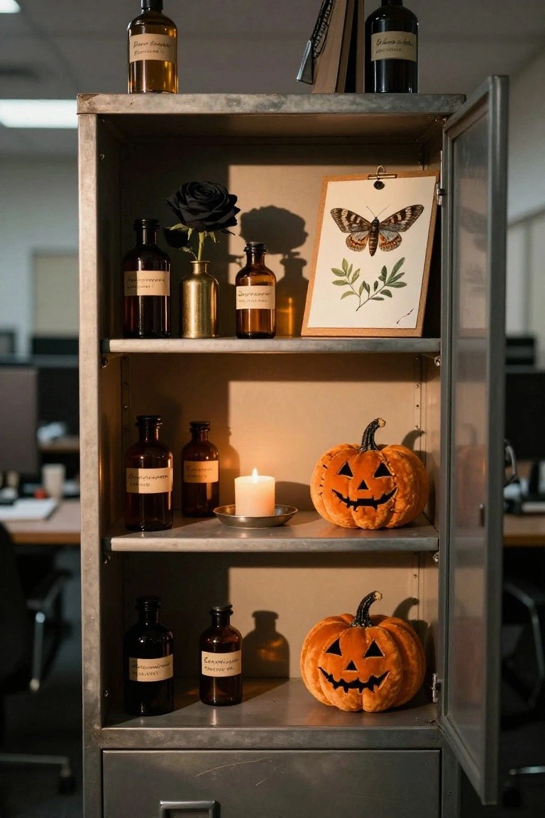 Open gray metal filing cabinet in an office filled with labeled glass potion bottles, black rose, butterfly artwork on cardboard, tealight candle on metal dish, and two plush jack-o-lantern pumpkins on shelves.