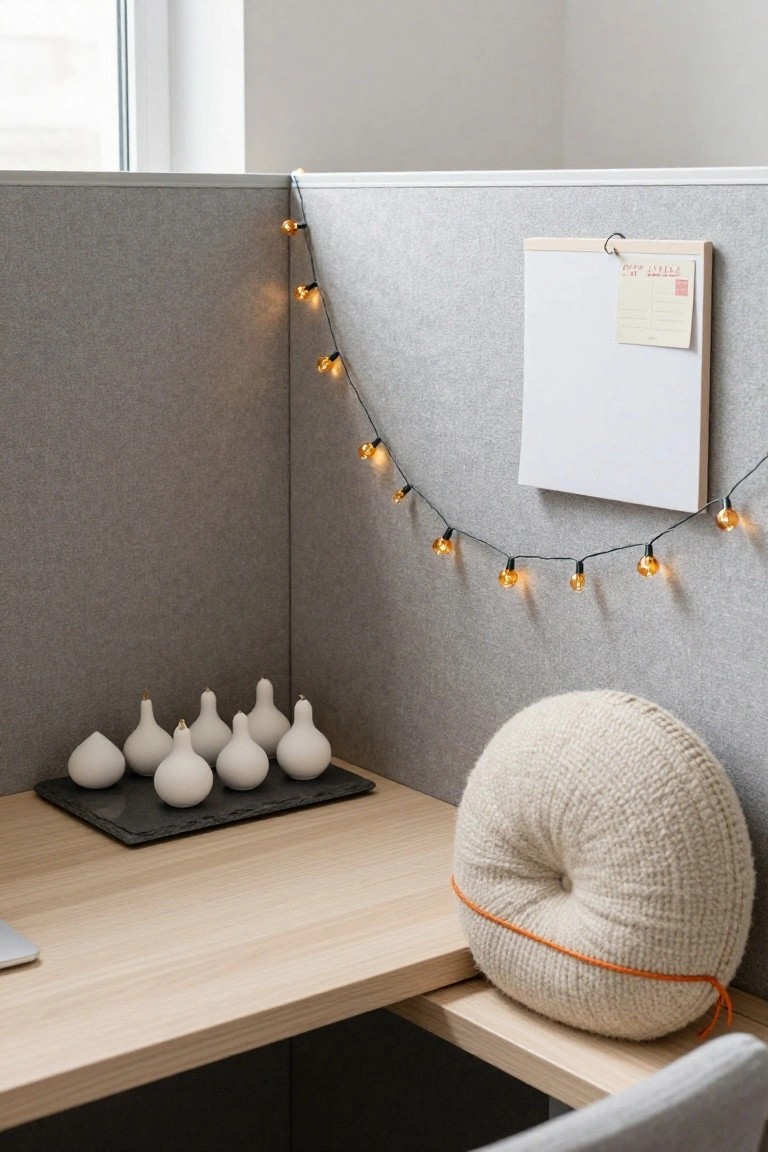Office cubicle with gray fabric partitions strung with warm orange bulb lights, white gourd-shaped ceramics on a black slate tray on a wooden desk, cream knitted pillow, and small whiteboard with note.