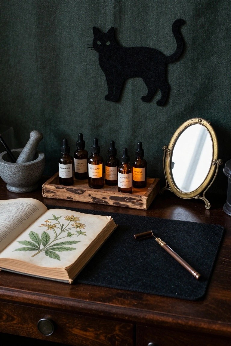 Wooden desk holding an open antique book with green plant illustration, mortar and pestle, row of six labeled glass dropper bottles on wooden tray, brass mirror stand, and black cat silhouette on green fabric backdrop.